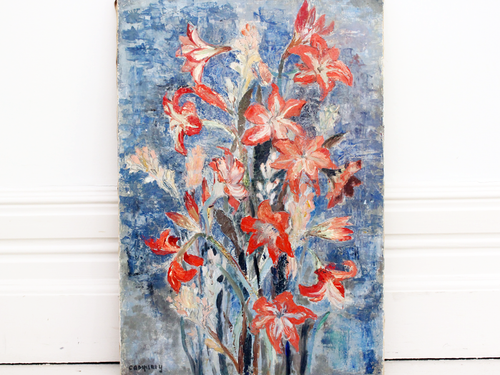 Brightly Coloured Vintage Oil on Canvas Still Life of Lilies in Blue & Pink Tones