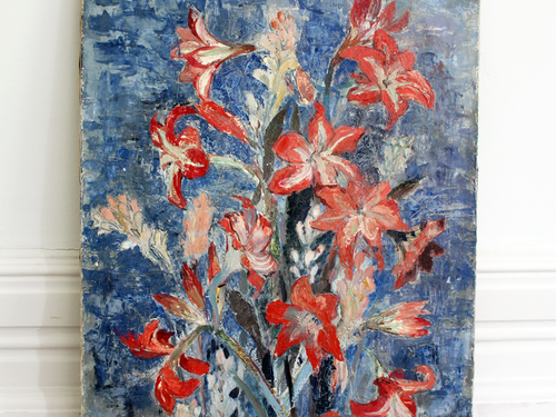 Brightly Coloured Vintage Oil on Canvas Still Life of Lilies in Blue & Pink Tones