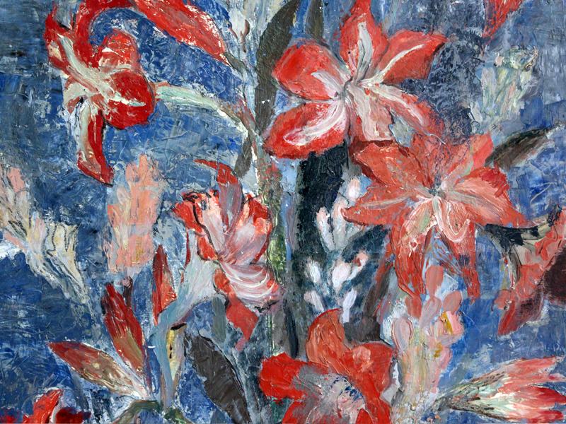Brightly Coloured Vintage Oil on Canvas Still Life of Lilies in Blue & Pink Tones