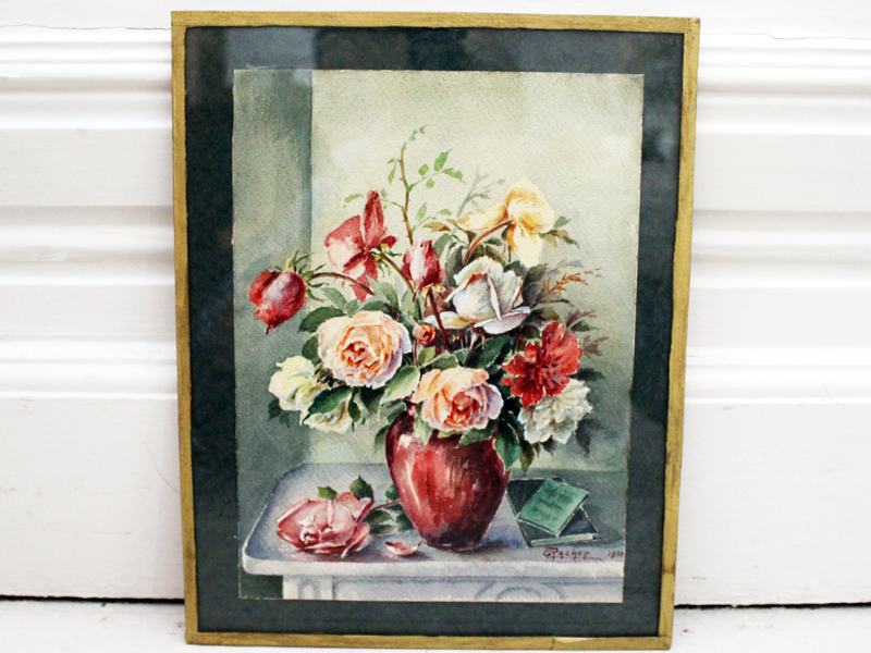 Pretty Vintage French Still Life Watercolour of Flowers
