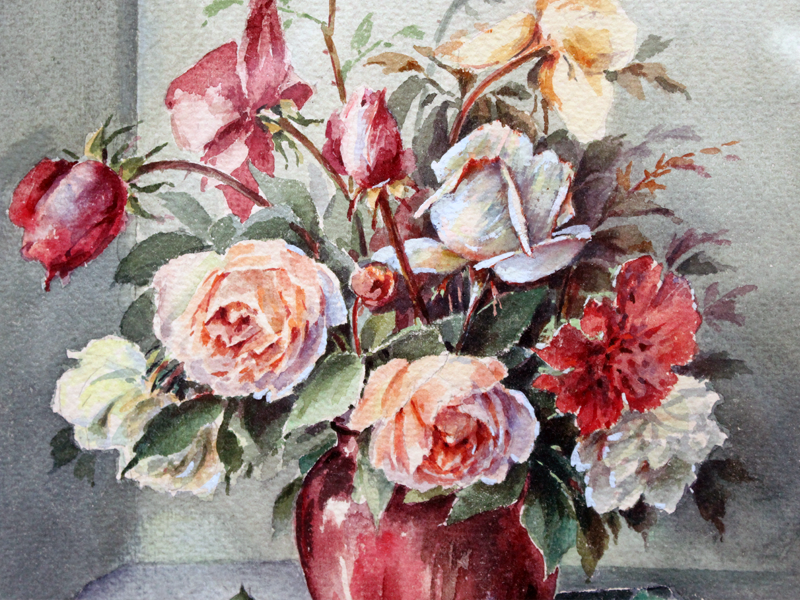 Pretty Vintage French Still Life Watercolour of Flowers