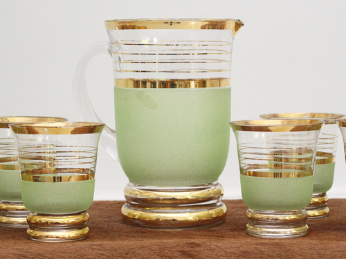 Vintage French Glasses & Matching Jug Set With Green & Gold Decoration