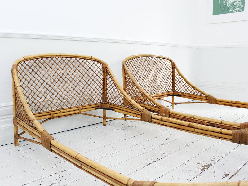 Pair of Mid Century Modern Rattan and Bamboo French Single Beds by Louis Sognot