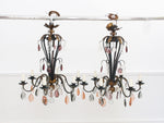 A Pair of 1950's French Green Tole Chandeliers with Crystal Decoration