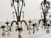 A Pair of 1950's French Green Tole Chandeliers with Crystal Decoration
