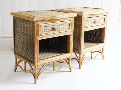 A Pair of 1950's French Rattan, Wicker & Bamboo Bedside Tables