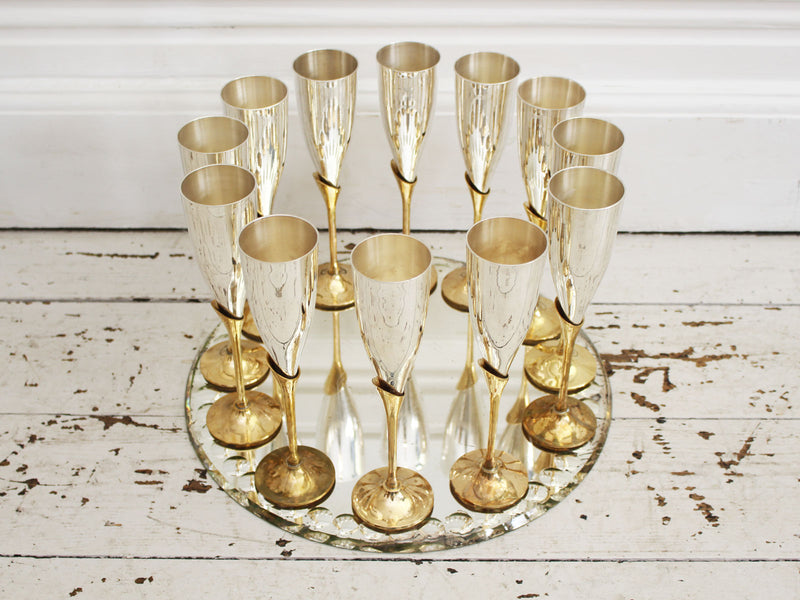 Two Sets of Six 1970's French Silver Plated & Brass Champagne Flutes