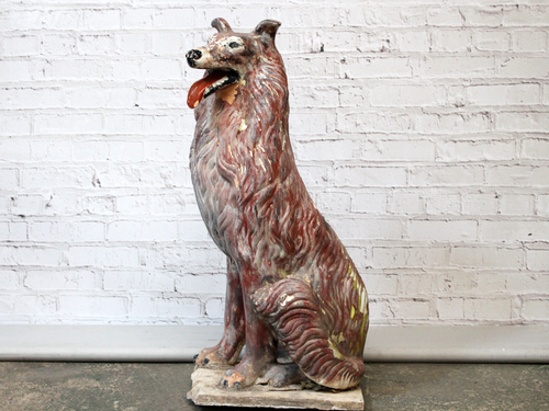 Vintage French 1950's Painted Terracotta Collie Dog Statue