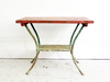 Vintage French Painted Garden Table with Wooden Top and Cast Iron Legs