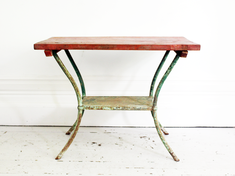 Vintage French Painted Garden Table with Wooden Top and Cast Iron Legs