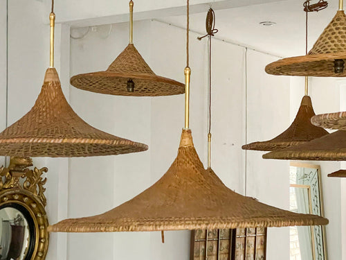 Mid Century Indonesian Rattan Hat Lights