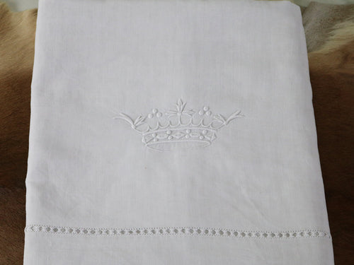 Antique French embroidered crown on large double linen sheet