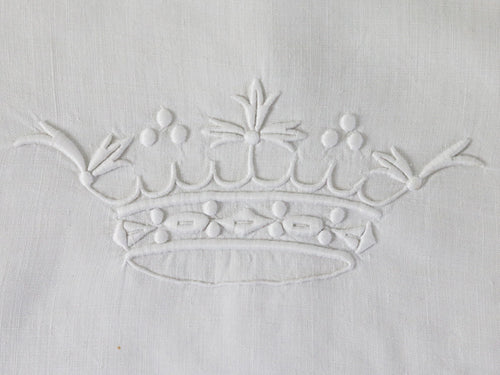 Antique French embroidered crown on large double linen sheet