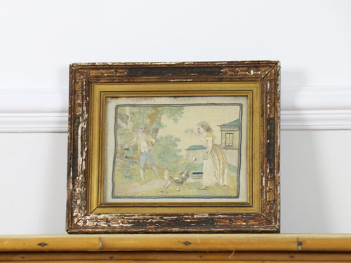 An early 19th C French silk hand embroidered framed country scene