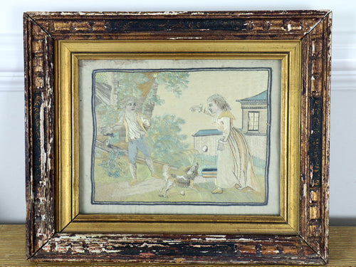 An early 19th C French silk hand embroidered framed country scene
