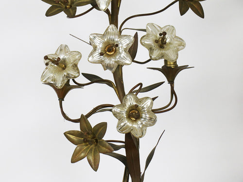 A pair of large brass and eglomisé glass flower lamps