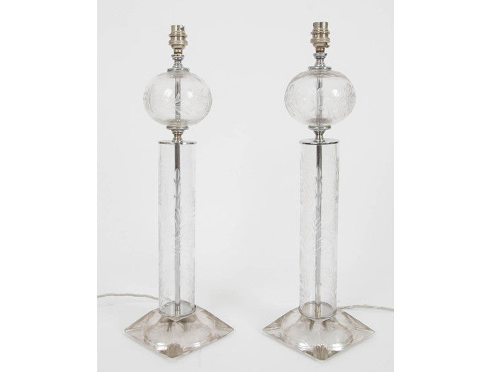 Pair of 1950s French Etched Glass Table Lamps with Chrome Detail