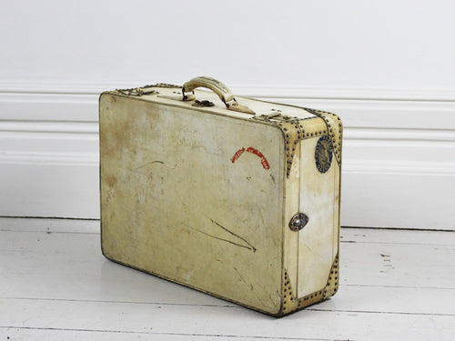 1930's Medium Vellum Suitcase with Studwork & Wing Shaped Handle Mounts