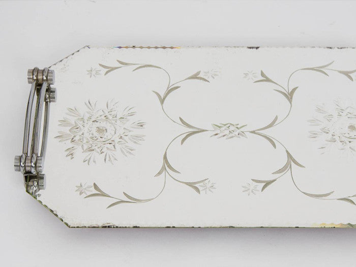 1930s French Etched Mirrored Tray with Chrome Handles